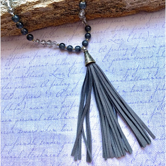 Gray Leather Boho Hippie Crystal & Stone Beaded Tassel Necklace Woman’s Jewelry - Picture 2 of 9